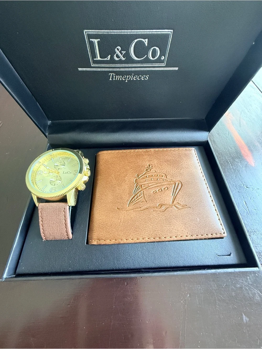 L&Co. Timepieces NIB Gold Watch & Vegan embossed Leather Wallet Gift Set $39